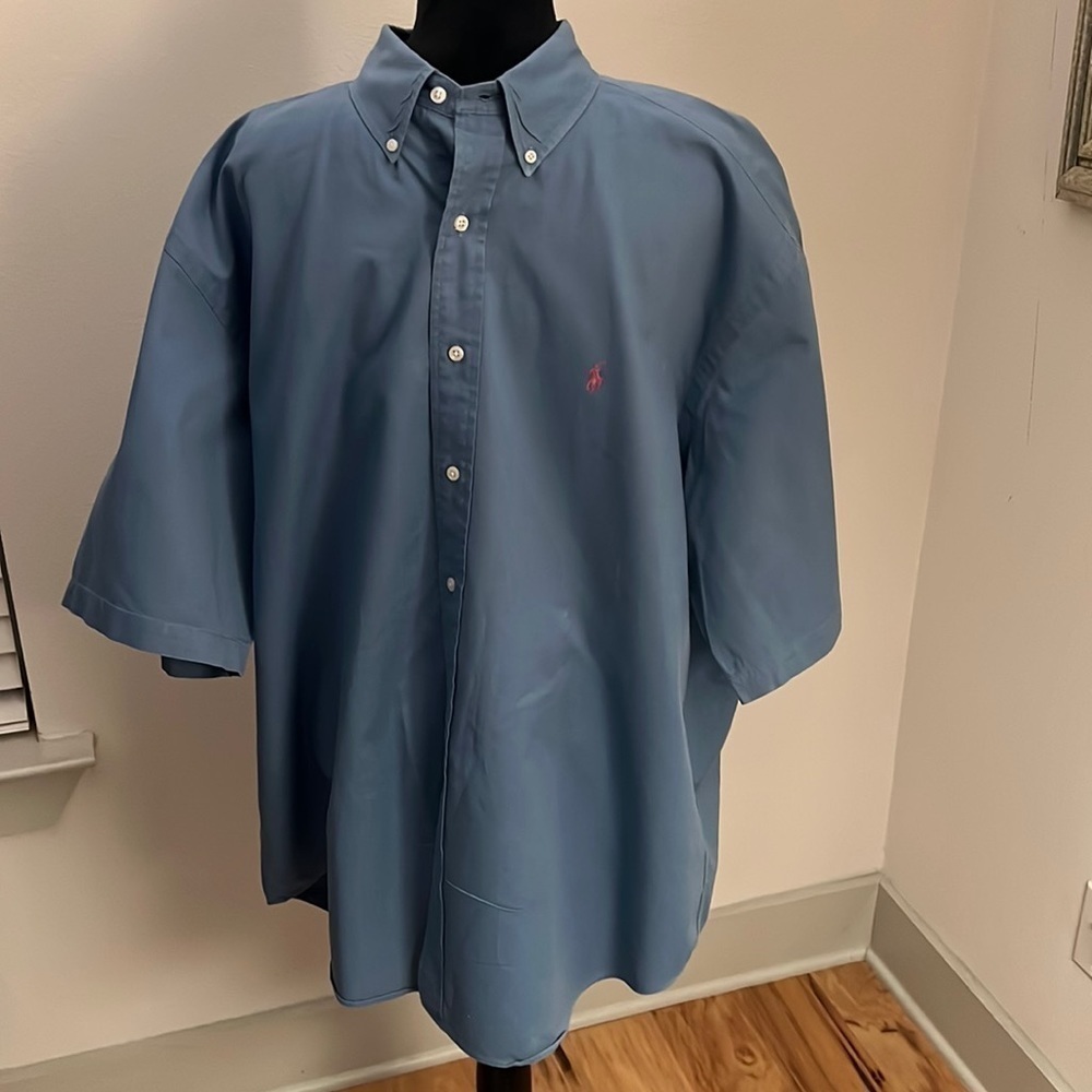 Ralph Lauren Blaire 100% cotton blue short‎ sleeves buttoned down men’s shirt XL